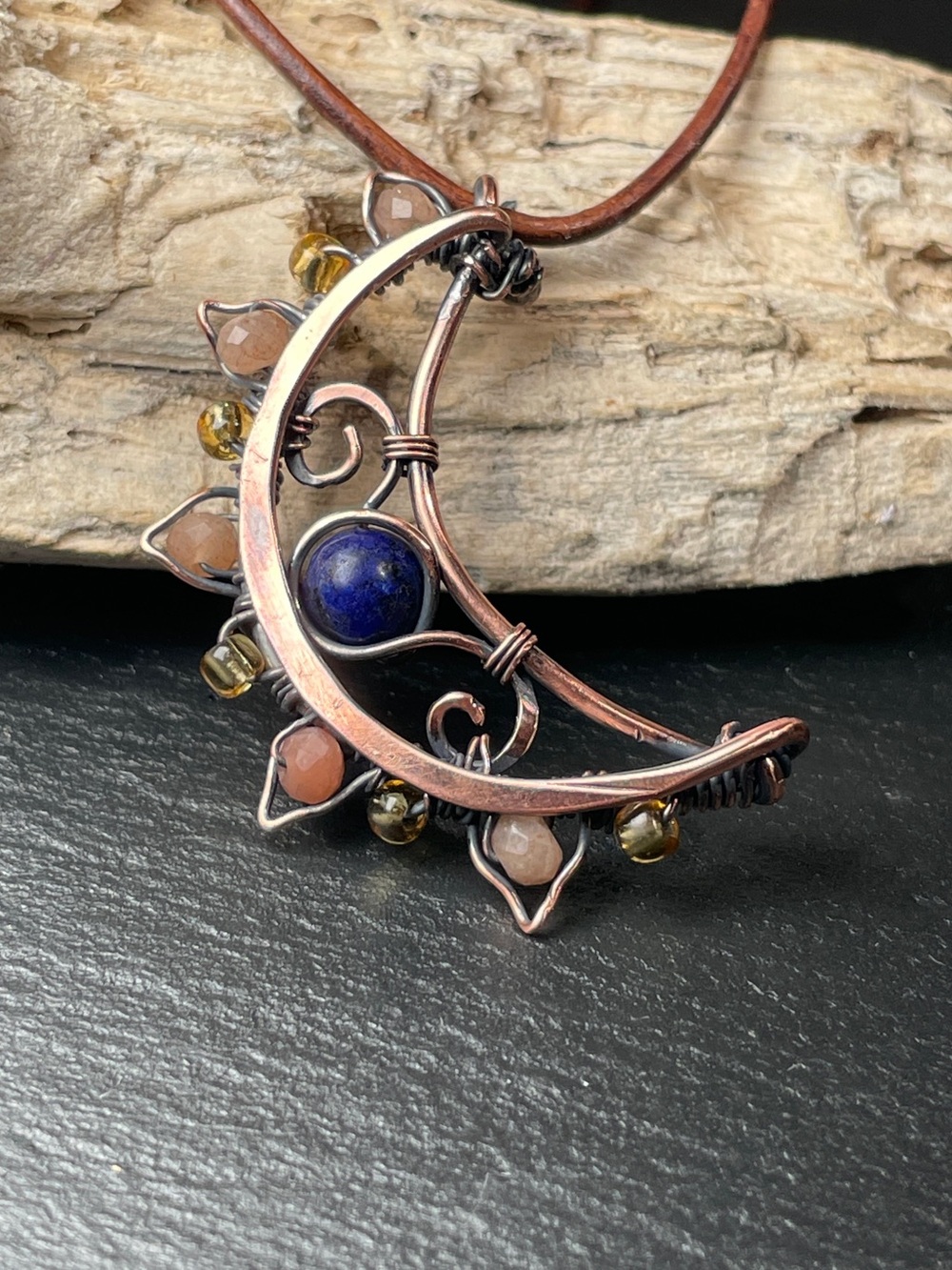 Moon in the Wild Handmade Crescent Necklace — Copper with Lapis And Sunstones - Picture 4 of 13